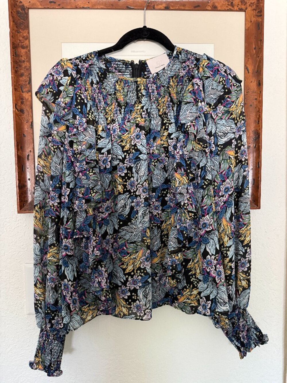 Cinq à Sept Floral Smocked Ruffle Blouse Puff Sleeve Size M